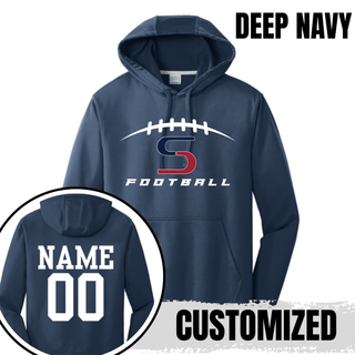 Topeka Seaman Vikings football performance hoodie in deep navy with customized name and number on back

