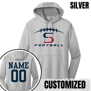 Topeka Seaman Vikings football performance hoodie in silver with customized name and number on back
