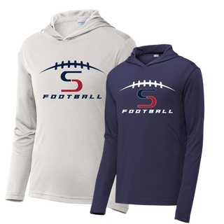 Topeka Seaman Vikings football S logo PosiCharge Competitor hoodie in silver and true navy with football laces graphic
