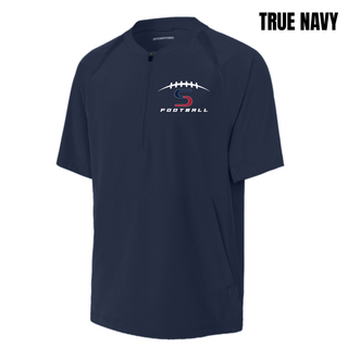 Topeka Seaman Vikings football S logo repeat half zip short sleeve jacket in true navy front view flat lay

