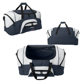 Topeka Seaman Vikings football S logo sport duffel bag in navy and white showing front, side, and top opening detail views
