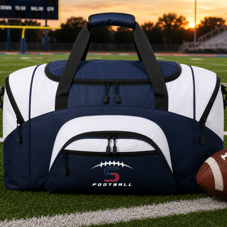 Topeka Seaman Vikings football S logo sport duffel bag in navy and white on football field with football
