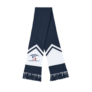 Topeka Seaman Vikings football S logo stadium scarf in navy and white with fringe tassels flat lay
