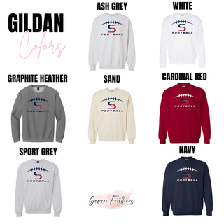 Gildan color options for Topeka Seaman Vikings football S logo top including ash grey, white, graphite heather, sand, cardinal red, sport grey, and navy
