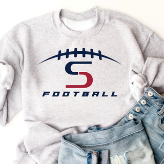Topeka Seaman Vikings football S logo top with football laces graphic in navy and red on heather grey crewneck sweatshirt
