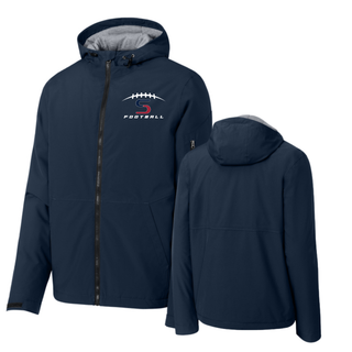 Topeka Seaman Vikings football S logo waterproof insulated jacket in navy front and back view with hood
