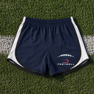 Topeka Seaman Vikings football S logo women's cadence performance short in navy with white trim and football laces graphic
