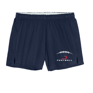 Topeka Seaman Vikings football S logo women's jersey knit squad short in navy with football laces graphic

