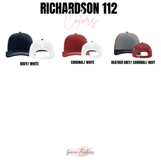 Richardson 112 trucker hat color chart showing navy white, cardinal white, and heather grey cardinal navy options for Topeka Seaman Vikings viking mascot leather patch hat
