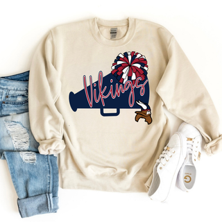 Topeka Seaman Vikings megaphone cheer graphic on a sand crewneck sweatshirt with script Vikings lettering, pom-pom, and Viking head mascot