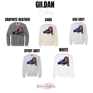 Topeka Seaman Vikings megaphone cheer graphic Gildan color options: graphite heather, sand, ash grey, sport grey, and white