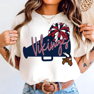 Topeka Seaman Vikings megaphone cheer graphic on a white tee, navy and red pom-pom design with script Vikings lettering and Viking head mascot