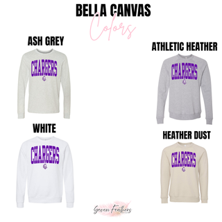 Bella Canvas tops in Ash Grey, Athletic Heather, White, and Heather Dust, each featuring arched CHARGERS lettering in purple with the mascot head