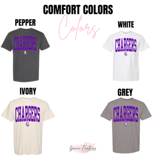 Comfort Colors shirts in Pepper, White, Ivory, and Grey, each featuring arched CHARGERS lettering in purple with the mascot head