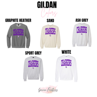 Gildan tops in Graphite Heather, Sand, Ash Grey, Sport Grey, and White, each featuring arched CHARGERS lettering in purple with the mascot head
