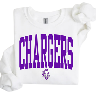 White top with arched CHARGERS lettering in purple and the Charger mascot head underneath