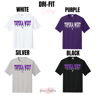 Topeka West Chargers Classic Dri-Fit Performance Top color options - white, purple, silver, and black