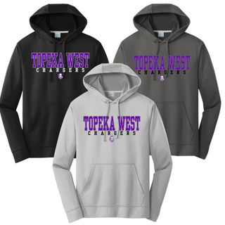 Topeka West Chargers Classic Performance Fleece Hoodie in black, charcoal, and silver with Chargers mascot graphic