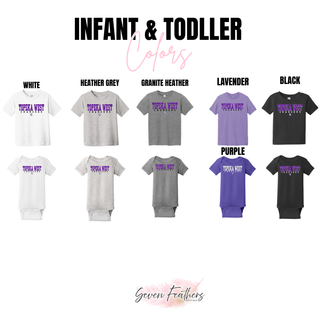 Topeka West Chargers Classic Top infant and toddler tee and onesie color options - white, heather grey, granite heather, lavender, purple, and black