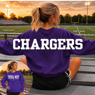 Topeka West Chargers Oversized Back Print purple crewneck sweatshirt, back view with oversized Chargers wordmark and inset of front Topeka West Chargers chest graphic
