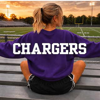 Topeka West Chargers Oversized Back Print purple crewneck sweatshirt, back view with oversized Chargers wordmark across the back and sleeves