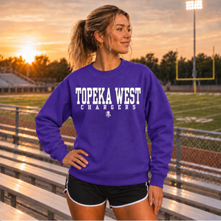 Topeka West Chargers Oversized Back Print purple crewneck sweatshirt, front view with Topeka West Chargers text and mascot on the chest