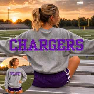 Topeka West Chargers Oversized Back Print sport grey crewneck sweatshirt, back view with oversized Chargers wordmark and inset of front Topeka West Chargers chest graphic