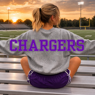 Topeka West Chargers Oversized Back Print sport grey crewneck sweatshirt, back view with oversized Chargers wordmark across the back and sleeves