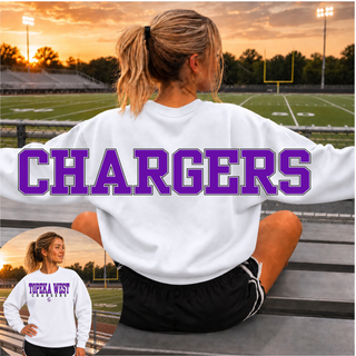 Topeka West Chargers Oversized Back Print white crewneck sweatshirt, back view with oversized purple Chargers wordmark and inset of front Topeka West Chargers chest graphic