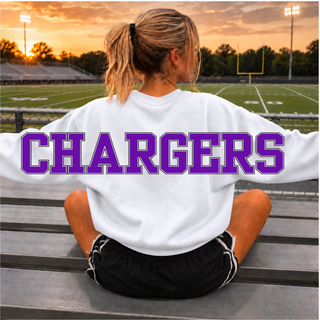 Topeka West Chargers Oversized Back Print white crewneck sweatshirt, back view with oversized purple Chargers wordmark across the back and sleeves