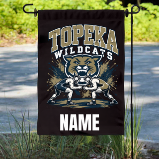 Topeka Wildcats Boys Wrestling personalized garden flag with mascot head, two wrestlers facing off, and NAME placeholder for personalization