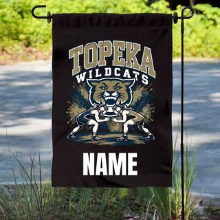 Topeka Wildcats Girls Wrestling personalized garden flag with mascot head, two wrestlers facing off, and NAME placeholder for personalization