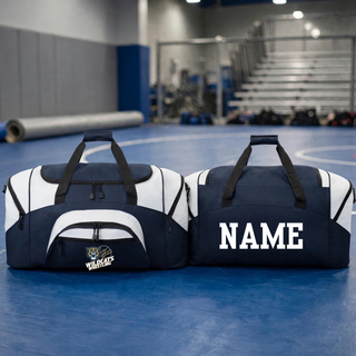 Navy and white Duffel Bag with Topeka Wildcats Wrestling Claw Mark Logo design and mascot graphic, lifestyle photo on wrestling mat, and customized name on the side