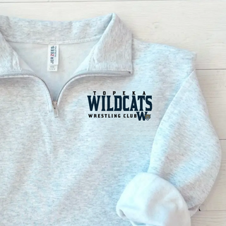 Topeka Wildcats Wrestling Club Cadet Collar Quarter-Zip in Ash Grey, close-up of wordmark and W crest on chest