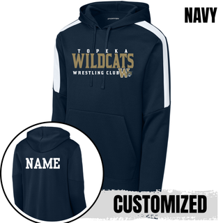 Topeka Wildcats Wrestling Club Colorblock Pullover Hoodie in Navy, back view showing name customization