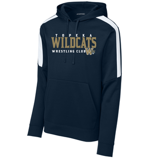 Topeka Wildcats Wrestling Club Fan Favorite Colorblock Pullover Hoodie in Navy with club name and W crest on chest, name customization on back