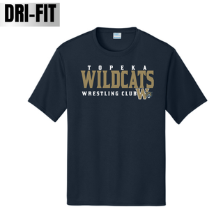 Topeka Wildcats Wrestling Club Dri-Fit Performance Top in Deep Navy with gold and white Wildcats Wrestling Club wordmark and W cat crest logo
