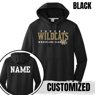 Topeka Wildcats Wrestling Club Custom Name Performance Hoodie in Black, front design with custom name on the back