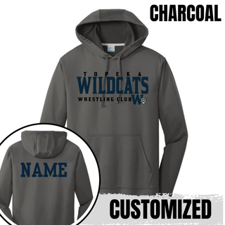 Topeka Wildcats Wrestling Club Custom Name Performance Hoodie in Charcoal, front design with custom name on the back
