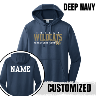 Topeka Wildcats Wrestling Club Custom Name Performance Hoodie in Deep Navy, front design with custom name on the back