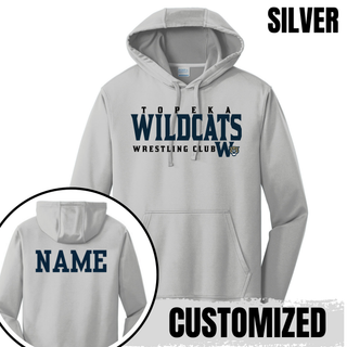 Topeka Wildcats Wrestling Club Custom Name Performance Hoodie in Silver, front design with custom name on the back