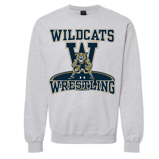 Topeka Wildcats Wrestling Club Mat Stance Logo top in heather grey, featuring the Wildcats mascot in a wrestling stance in front of a bold W on a mat banner with Wrestling lettering