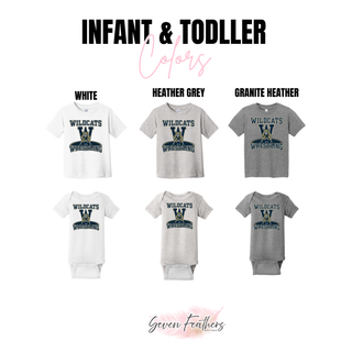 Topeka Wildcats Wrestling Club Mat Stance Logo top infant and toddler color options: White, Heather Grey, Granite Heather