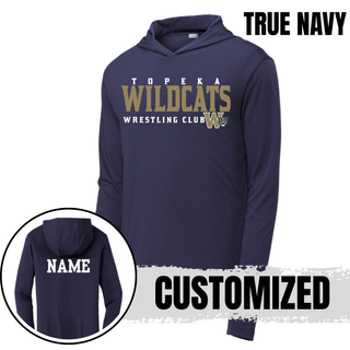 Topeka Wildcats Wrestling Club PosiCharge Competitor Hooded Pullover in True Navy, front design with name on the back