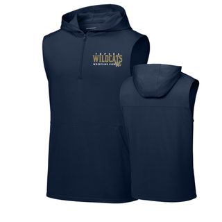 Topeka Wildcats Wrestling Club Sleeveless Hooded Quarter-Zip in Black, front and back view, with club name and W crest on chest