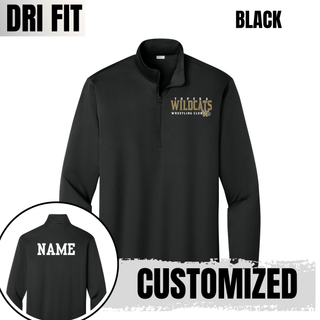 Topeka Wildcats Wrestling Club PosiCharge Quarter-Zip in Black with wordmark and W crest on chest, name customization on back