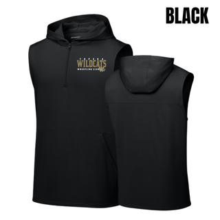 Topeka Wildcats Wrestling Club Sleeveless Hooded Quarter-Zip in Navy, front and back view, with club name and W crest on chest