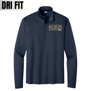 Topeka Wildcats Wrestling Club PosiCharge Quarter-Zip in True Navy with wordmark and W crest on chest, name customization on back