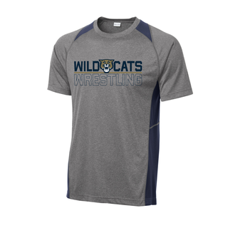 Topeka Wildcats Wrestling Club Split Logo Colorblock Contender Tee in heather grey with navy panels, close up of the Wild Cats Wrestling design on the chest