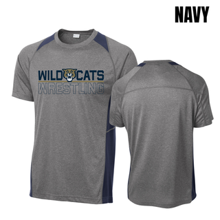 Navy colorway of the Topeka Wildcats Wrestling Club Split Logo Colorblock Contender Tee, front and back flat lay